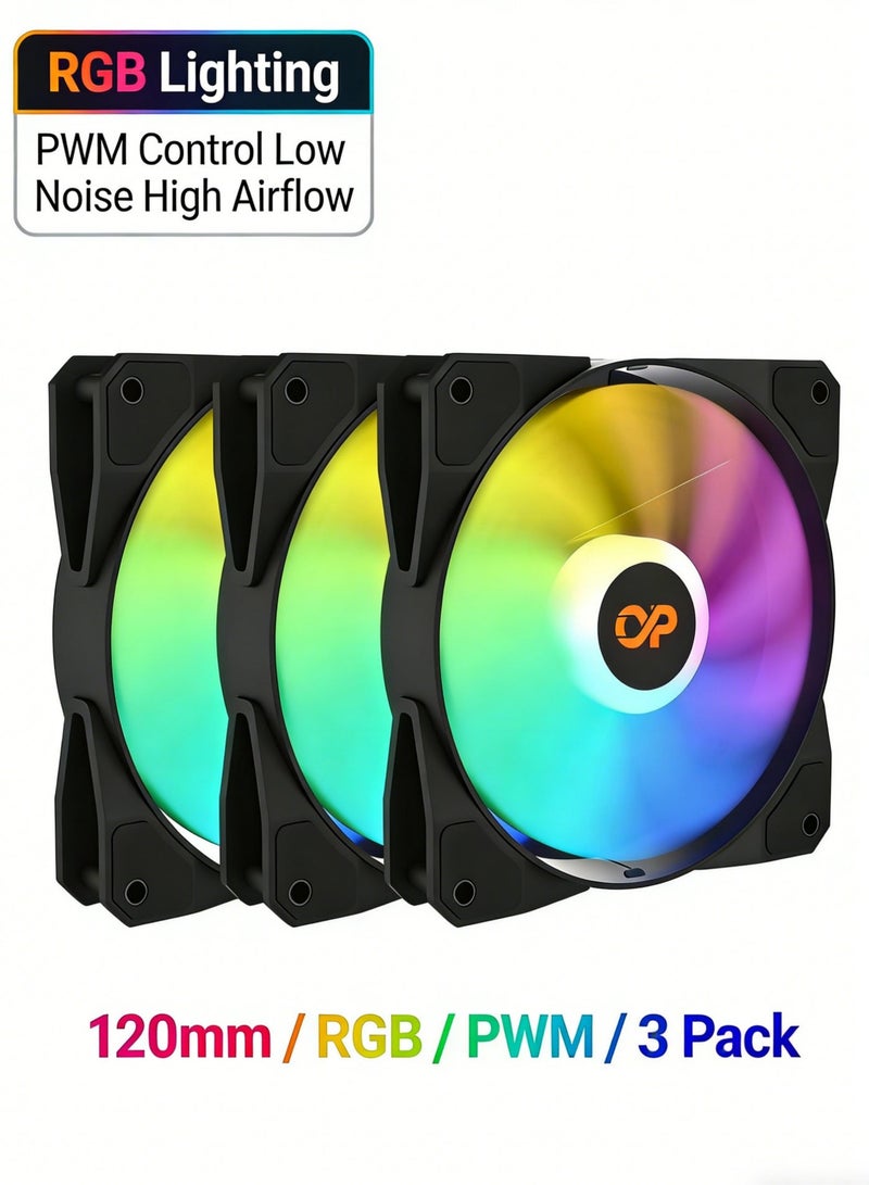 باور مجموعة من 3 مراوح تبريد للكمبيوتر مقاس 120 مم بتقنية ARGB RGB PWM - مراوح عالية الأداء وهادئة لكيس الكمبيوتر وأنظمة التبريد السائل. - Image 1