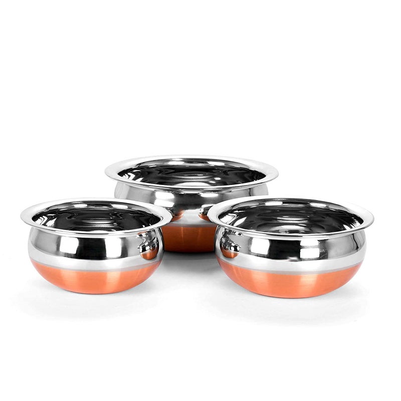 RJ kitchenware Store Handi Copper Bottom Stainless Steel .8 Liter, 1.5 Liter, 2 Liter Copper Base Patila/Dekchi/Bhagona/Handi for Boiling Milk, Cooking Biryani Rice Combo of 3 (Color - Silver) - Image 3