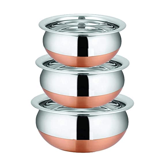 RJ kitchenware Store Handi Copper Bottom Stainless Steel .8 Liter, 1.5 Liter, 2 Liter Copper Base Patila/Dekchi/Bhagona/Handi for Boiling Milk, Cooking Biryani Rice Combo of 3 (Color - Silver) - Image 1
