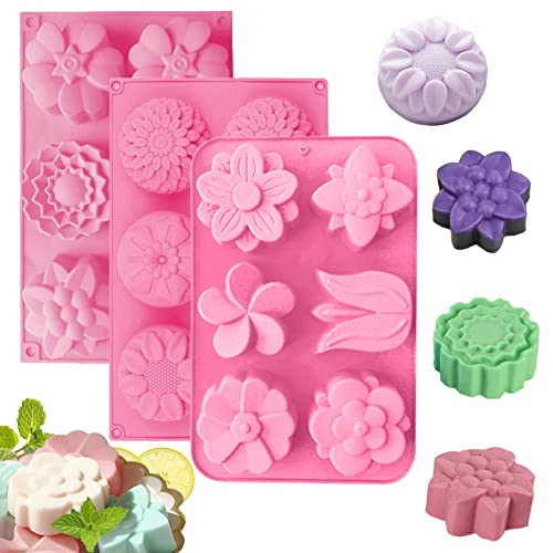 ROTATE COLOR Silicone Soap Molds, different Cavities Soap Mold with Different Shapes, Perfect for Soap Making, Handmade Cake Chocolate Desserts Biscuit Pudding Teacake Jelly （3 Pack - Flower） - Image 1