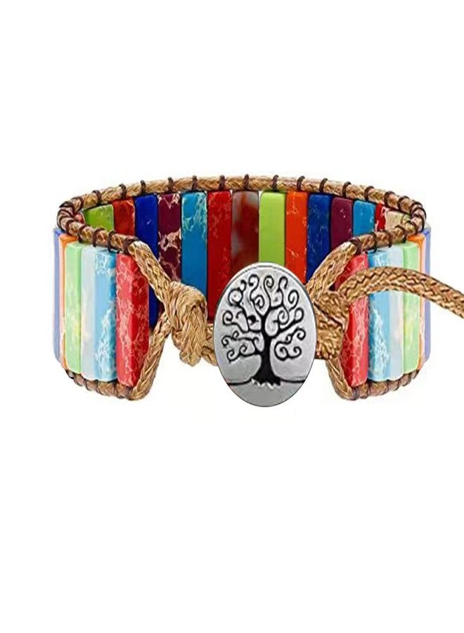 كون بيد أساور كونبيد السبعة من حجر اليشب الإمبراطوري للنساء، بتصميم أحجار كريمة طبيعية، ملفوفة بالجلد، بتصميم شجرة العائلة، قابلة للتعديل. - Image 1