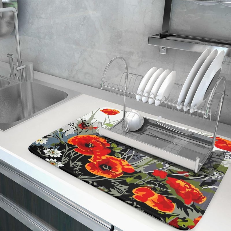 Giwawa Poppy Dish Drying Mat 18x24 inch for Kitchen Vintage Red Orange Floral Dish Drying Pad Oil Painting Flower Dish Drainer Mats Absorbent Microfiber Protector for Countertop Coffee Bar - Image 5