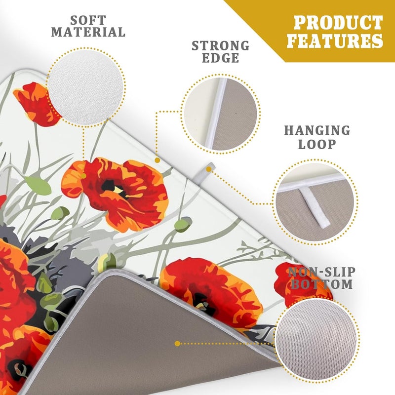 Giwawa Poppy Dish Drying Mat 18x24 inch for Kitchen Vintage Red Orange Floral Dish Drying Pad Oil Painting Flower Dish Drainer Mats Absorbent Microfiber Protector for Countertop Coffee Bar - Image 4