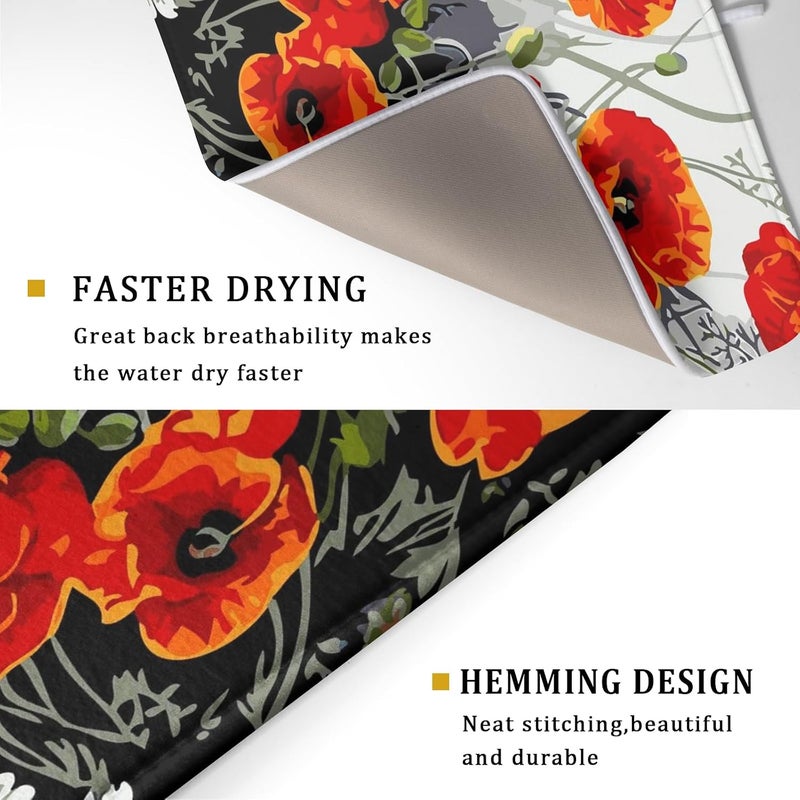Giwawa Poppy Dish Drying Mat 18x24 inch for Kitchen Vintage Red Orange Floral Dish Drying Pad Oil Painting Flower Dish Drainer Mats Absorbent Microfiber Protector for Countertop Coffee Bar - Image 3