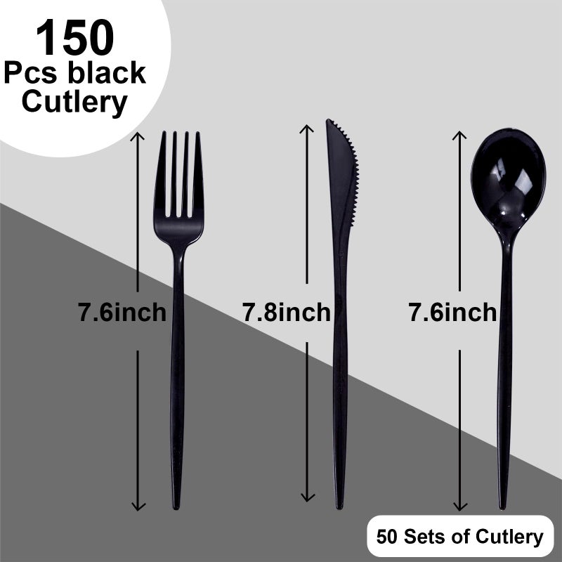 PULOTE 150PCS Black Plastic Silverware Set Disposable - Heavy Duty Black Plastic Cutlery - Black Plastic Utensils Set Include 50 Forks 50 Spoons 50 Knives for Party&New Year - Image 2