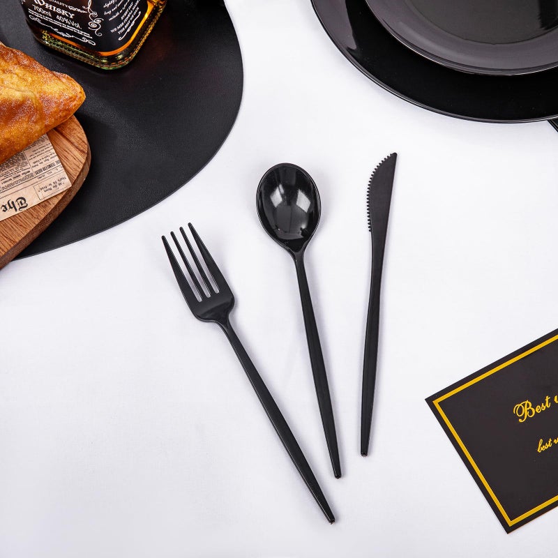 PULOTE 150PCS Black Plastic Silverware Set Disposable - Heavy Duty Black Plastic Cutlery - Black Plastic Utensils Set Include 50 Forks 50 Spoons 50 Knives for Party&New Year - Image 4