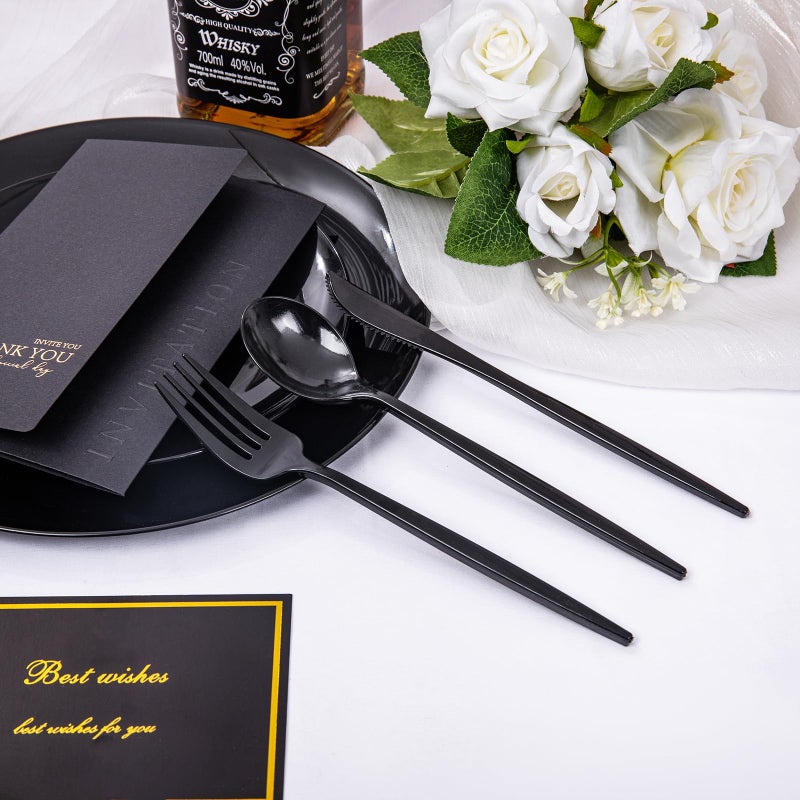 PULOTE 150PCS Black Plastic Silverware Set Disposable - Heavy Duty Black Plastic Cutlery - Black Plastic Utensils Set Include 50 Forks 50 Spoons 50 Knives for Party&New Year - Image 5