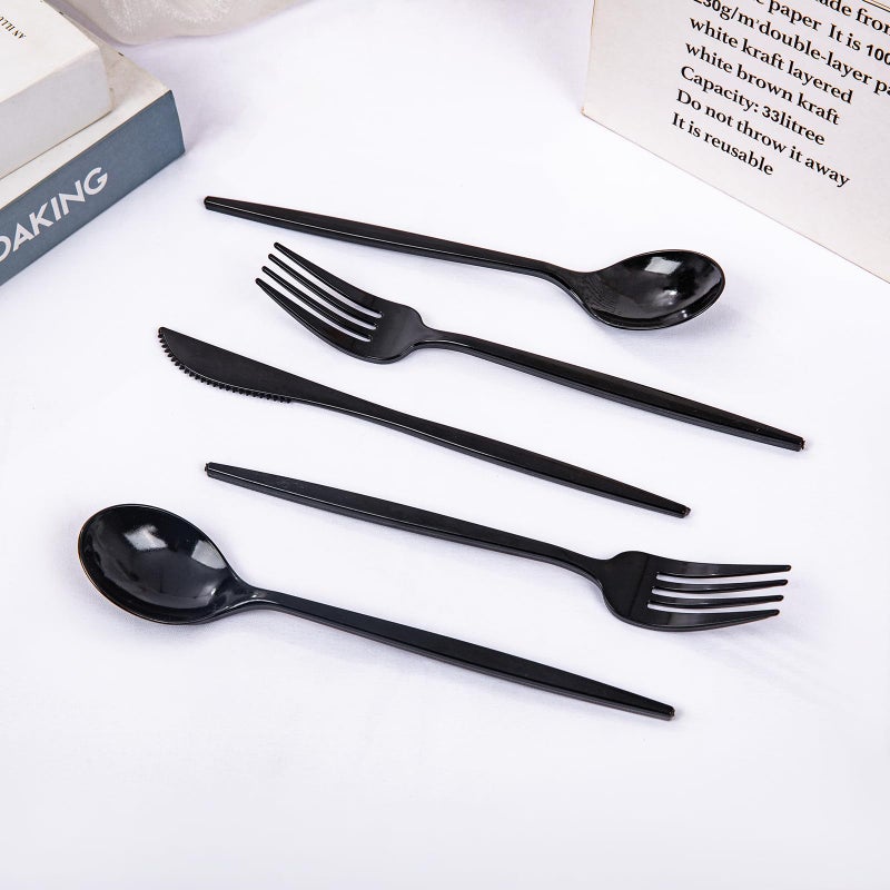 PULOTE 150PCS Black Plastic Silverware Set Disposable - Heavy Duty Black Plastic Cutlery - Black Plastic Utensils Set Include 50 Forks 50 Spoons 50 Knives for Party&New Year - Image 3