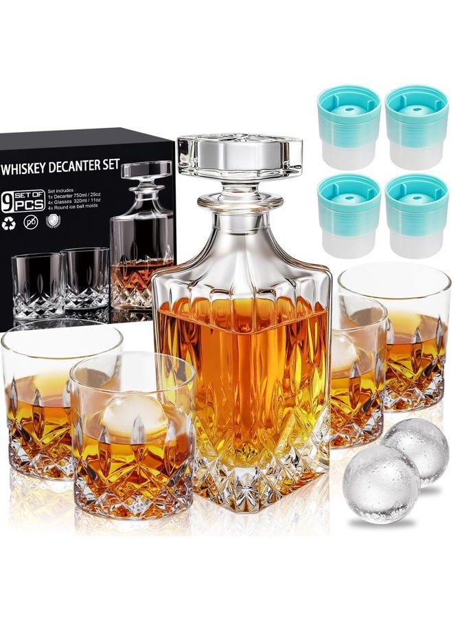 QUMMFA Gift For Men, Crystal Whiskey Decanter 25oz, 4*Whiskey Glasses & 4*Silicone Ice Mold, Lead-Free Decanter Set for Whiskey, Bourbon, Scotch, Anniversary Christmas Gifts for Dad, Husband, Whiskey Lovers - Image 1