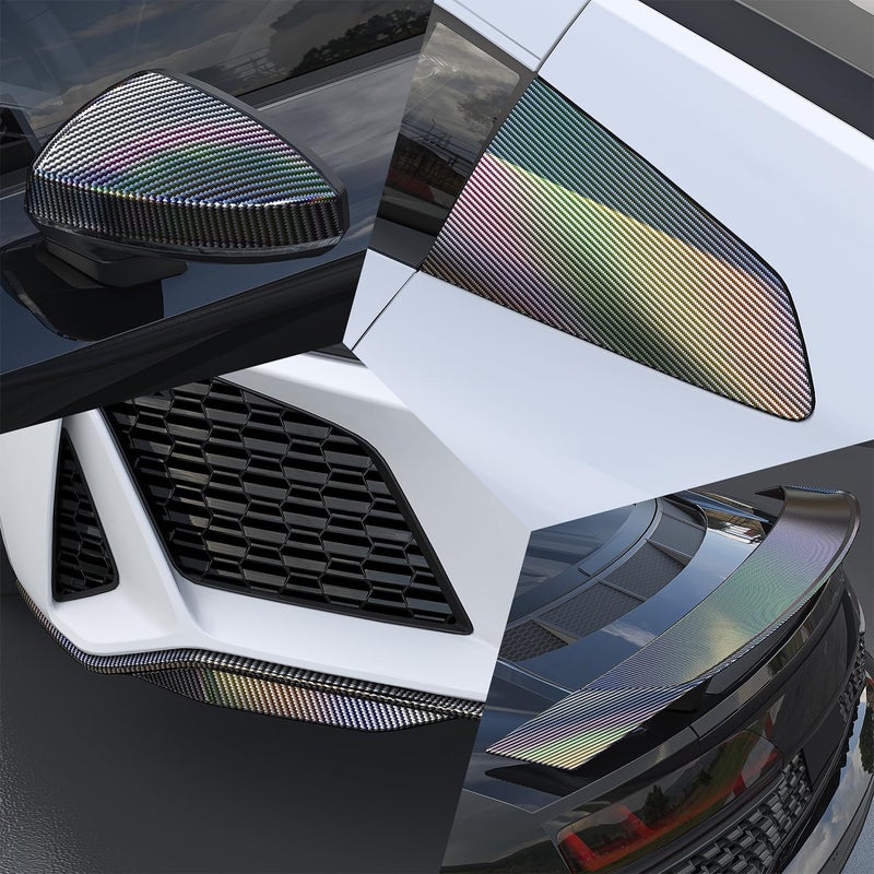 Foneso 2D Holographic Carbon Fiber Vinyl Wrap, High Gloss Silver Rainbow Chrome Wrapping Vinyl Film with Air Release Technology Auto DIY Paint Replacement Wrap Roll 1ft x 5ft - Image 3