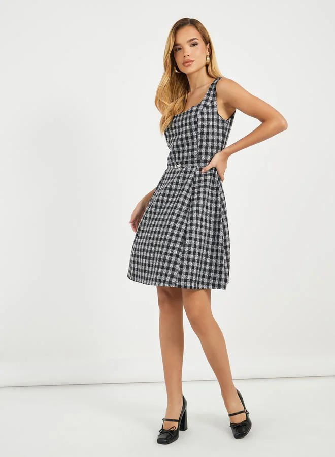 Styli Checkered Fit & Flare Dress