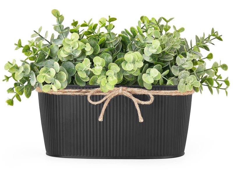 داهي نباتات الأوكالبتوس الاصطناعية من داهي، نباتات داخلية مزيفة لتزيين المنزل الريفي، نباتات مزيفة في أصص مستطيلة ريفية، قطعة مركزية للطاولة، مناسبة للحمام وغرفة الغسيل وغرفة المعيشة، ديكور أخضر، أسود - Image 1