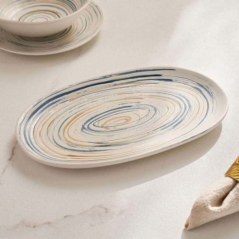 Pan Home Cosette Spiral Textured Oval Platter 30.5x19.6x2.5cm - White & Blue