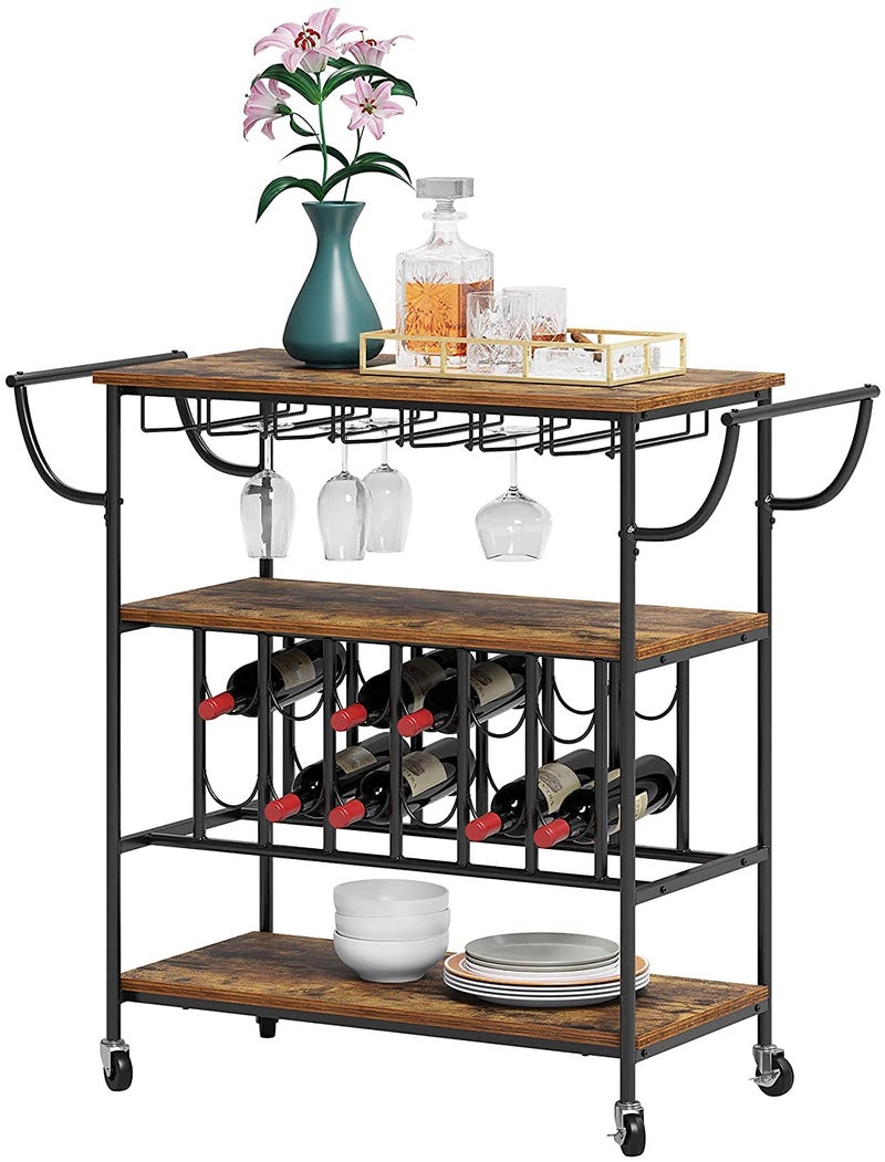 INDIAN DECOR INDIAN DECOR XL6400 Bar Cart Metal Wine Bottle Rack Mobile Serving Cart with Wheels 3 Tier Kichen Storage Rolling Cart Fits up for Every Wine Bottle of 115 x 275 x 124 H Rustic Brown - Image 1