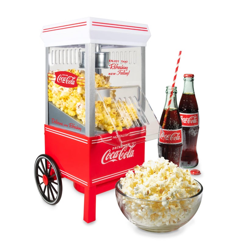 Nostalgia Vintage Coca-Cola Hot-Air Popcorn Maker Machine - Makes Up to 12 Cups - Oil-Free - Healthier Popcorn - Classic Stand-Up Cart With Wheels - Includes Kernel Measuring Cup - White & Red - Image 1