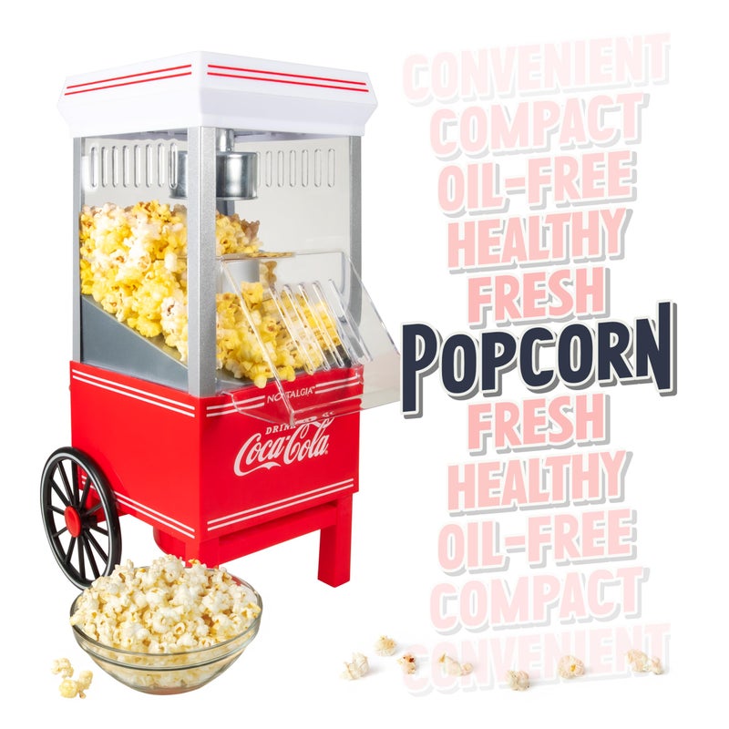 Nostalgia Vintage Coca-Cola Hot-Air Popcorn Maker Machine - Makes Up to 12 Cups - Oil-Free - Healthier Popcorn - Classic Stand-Up Cart With Wheels - Includes Kernel Measuring Cup - White & Red - Image 5