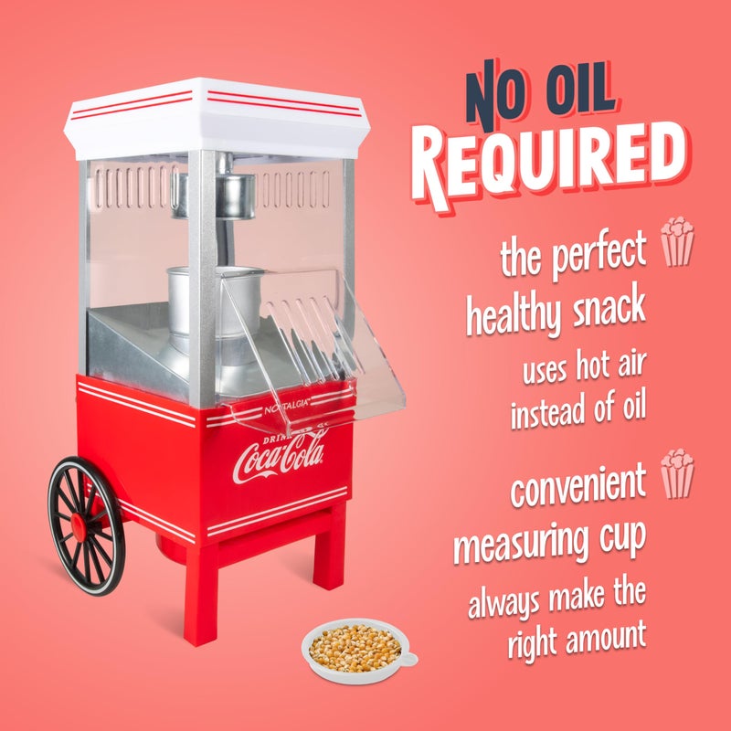 Nostalgia Vintage Coca-Cola Hot-Air Popcorn Maker Machine - Makes Up to 12 Cups - Oil-Free - Healthier Popcorn - Classic Stand-Up Cart With Wheels - Includes Kernel Measuring Cup - White & Red - Image 4
