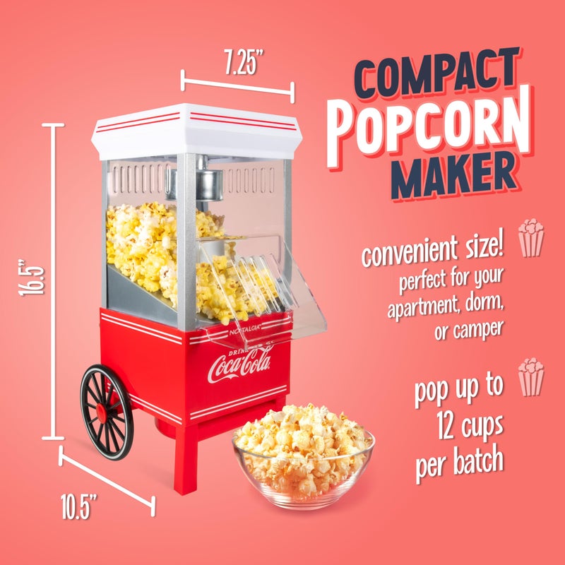Nostalgia Vintage Coca-Cola Hot-Air Popcorn Maker Machine - Makes Up to 12 Cups - Oil-Free - Healthier Popcorn - Classic Stand-Up Cart With Wheels - Includes Kernel Measuring Cup - White & Red - Image 2