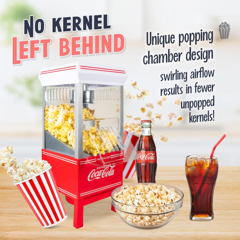 Nostalgia Vintage Coca-Cola Hot-Air Popcorn Maker Machine - Makes Up to 12 Cups - Oil-Free - Healthier Popcorn - Classic Stand-Up Cart With Wheels - Includes Kernel Measuring Cup - White & Red - Image 3