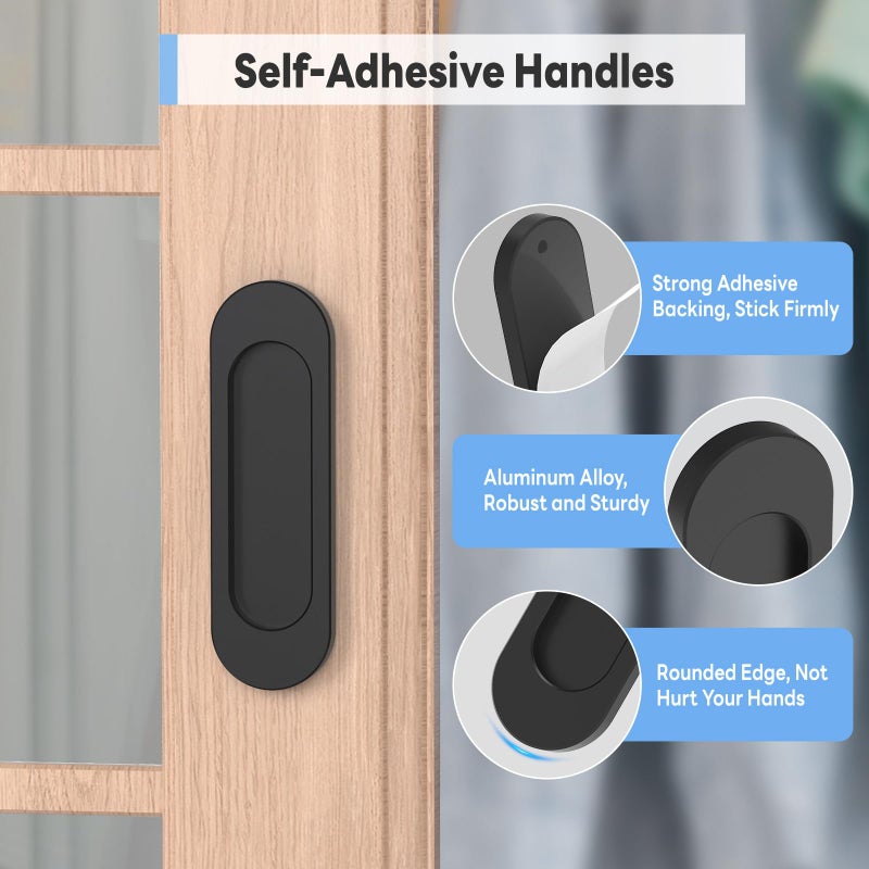 Yogepote 4 Pack Self Stick Sliding Door Handles, Aluminum Alloy 4 Inch Self Adhesive Cabinet Knobs For Push-Pull Glass Barn Doors, Closets, Wardrobes, Windows (4, Black) - Image 2