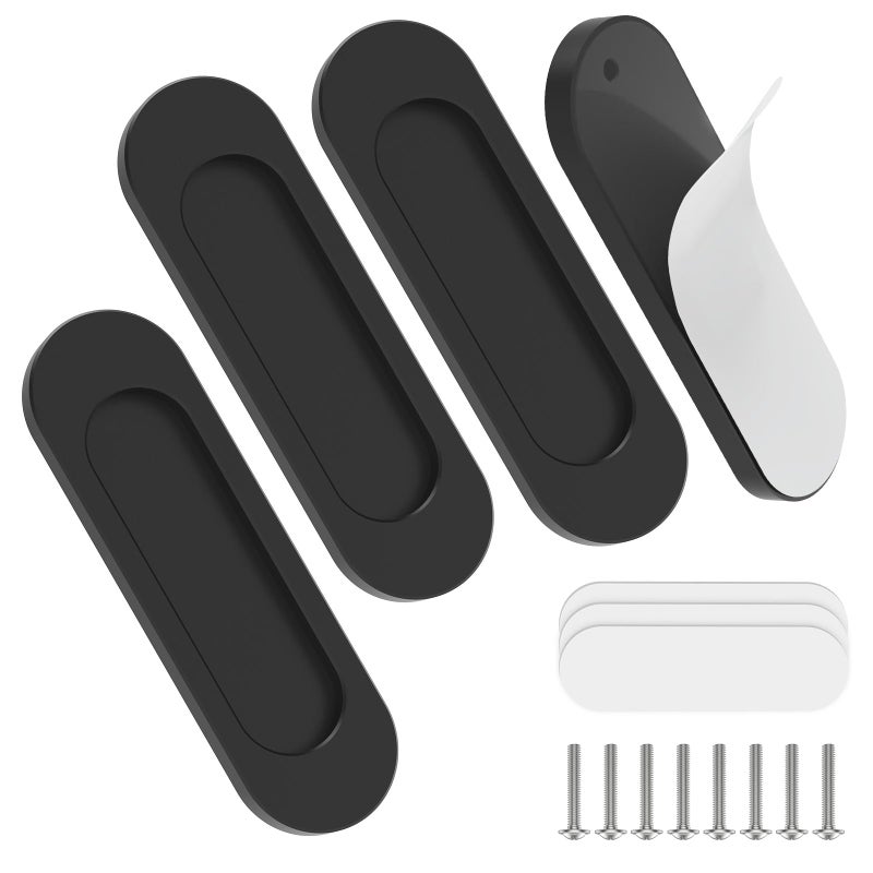Yogepote 4 Pack Self Stick Sliding Door Handles, Aluminum Alloy 4 Inch Self Adhesive Cabinet Knobs For Push-Pull Glass Barn Doors, Closets, Wardrobes, Windows (4, Black) - Image 1