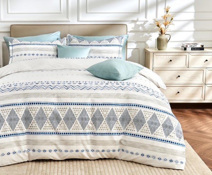 BOHO KING SIZE DUVET COVER SET COTTON REVERSIBLE BLUEWHITE WITH BUTTON CLOSURE SOFT BREATHABLE FABRIC