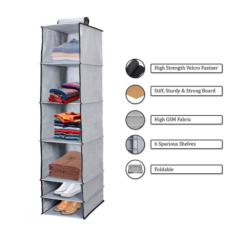UNICRAFTS Hanging Organizer 6 Shelves NonWoven Foldable and Collapsible Wardrobe Cupboard 6 Tier Clothes Shoes Storage Set of 1 Grey - Image 4