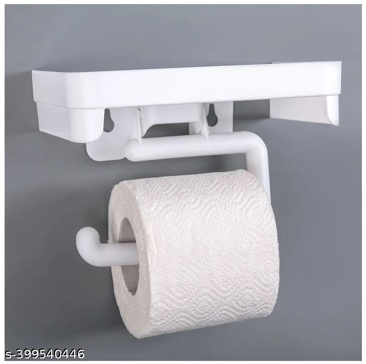 ZONKU INDIA Toilet Paper Holder Tissue Holder Dispenser with Phone Shelf (White) - Image 2