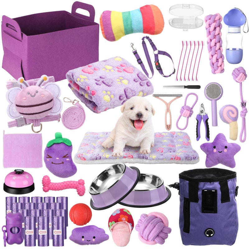 Abbylike 50 Pcs Puppy Supplies Starter Kit for Small Dogs Puppy Essentials Includes Leash, Bowls, Teeth Brushes, Water Bottle, and More Accessories for Dogs Christmas Welcome Gift(Purple) - Image 1