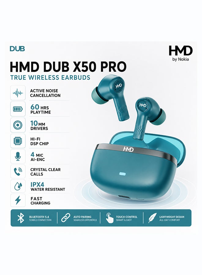 أتش أم دي سماعات داب X50 برو اللاسلكية الحقيقية، سماعات بلوتوث، محركات 10 مم، شريحة DSP عالية الدقة، إلغاء الضوضاء النشط، 60 ساعة من وقت التشغيل، 4 ميكروفونات AI-ENC لمكالمات واضحة، IPX4، شحن سريع - Image 1