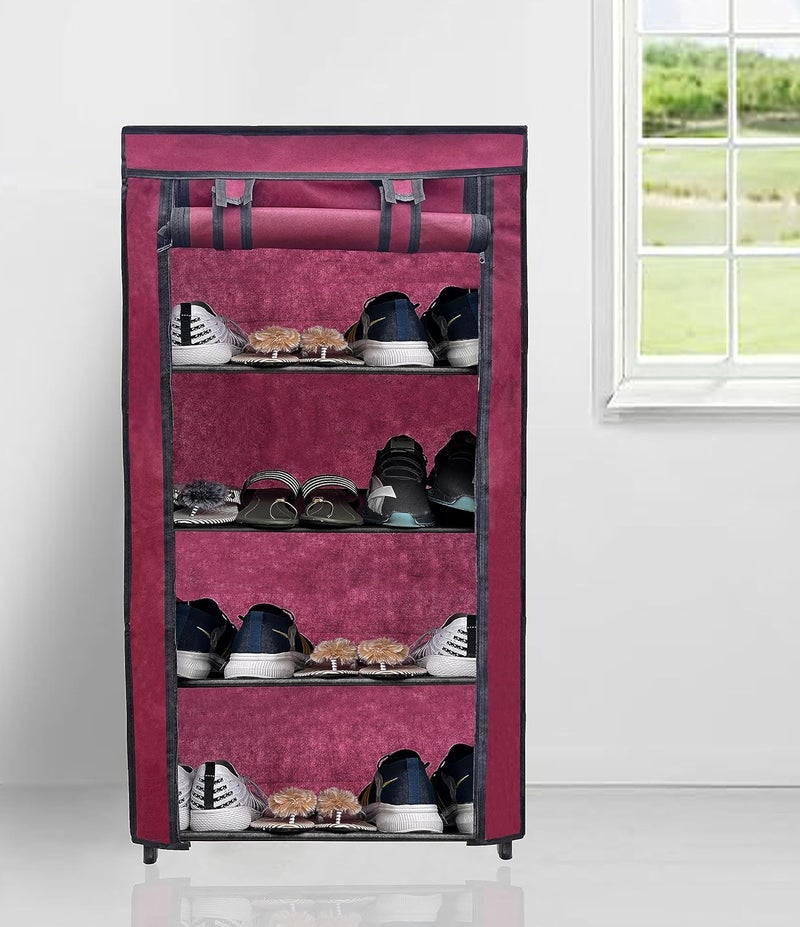 PHILOSHOP PHILOSHOP Premium 10 Inch 4 Layer Shoe Rack for Home Multipurpose Storage Rack with Dustproof Cover Maroon - Image 1