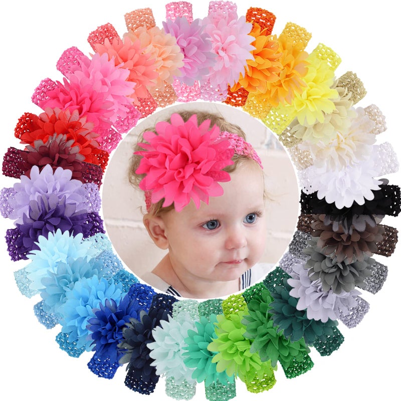 WillingTee 30pcs Baby Girls Headbands Chiffon Flower Soft Stretchy Hair Band Hair Accessories for Baby Girls Newborns Infants Toddlers and Kids - Image 1