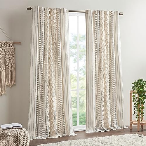 Ink+Ivy INKIVY Imani 100 Cotton SINGLE PANEL Curtain Tufted Chenille Stripe Geometric Print MidCentury Look Rod Pocket Top Drape for Living Room Privacy Window Treatment for Bedroom 50 x 84 Ivory