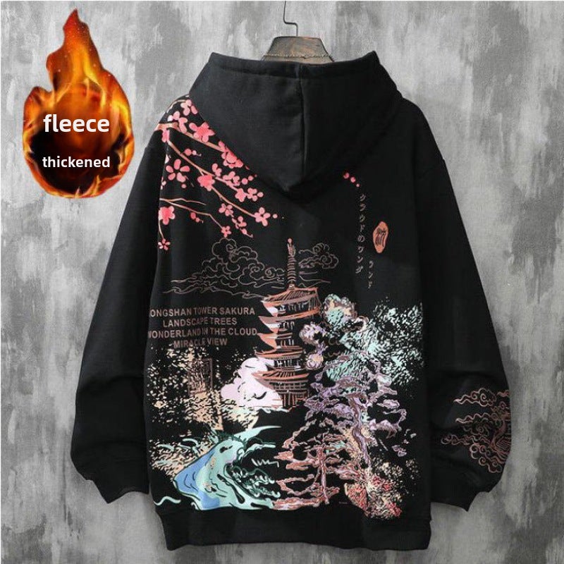 Mens Harajuku Hoodie Plus Velvet Hip Hop Loose Coat Cherry black [fleece-lined thickening]] 