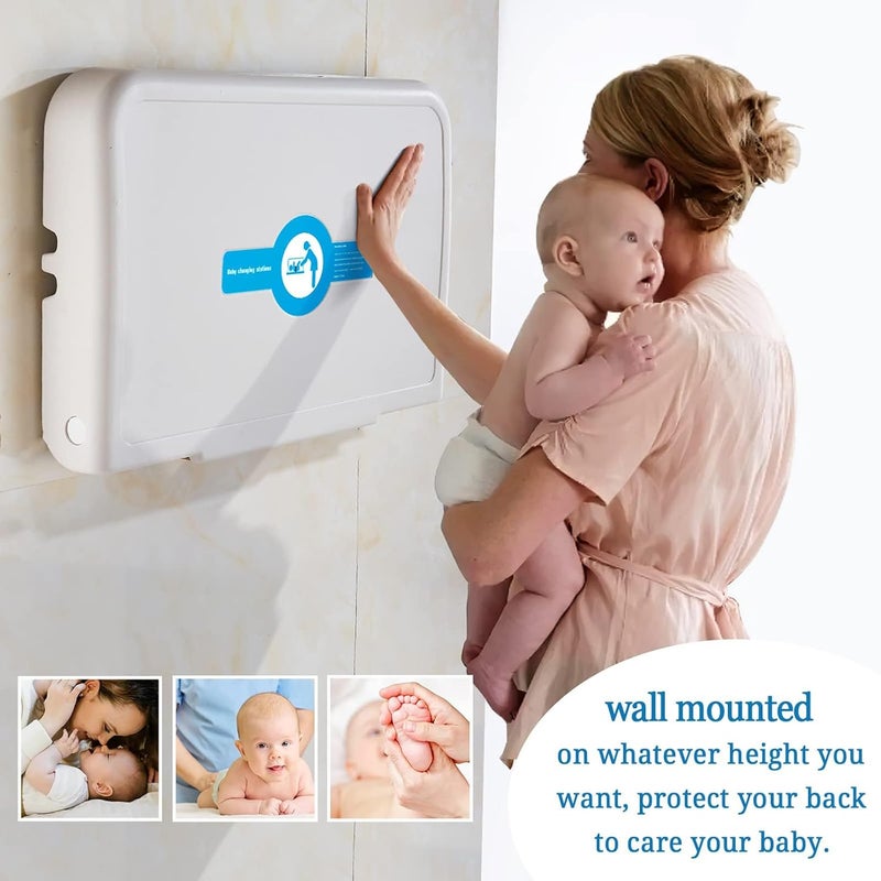 KSITEX Baby Changing Station Wall Mounted Baby Changing Table Foldable Diaper Changing Unit Commercial Restrooms Horizontal HDPE Meterial with Safrty Strap White Gray - Image 3