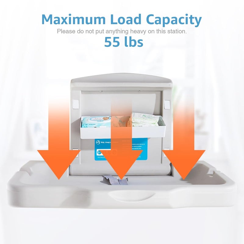 KSITEX Baby Changing Station Wall Mounted Baby Changing Table Foldable Diaper Changing Unit Commercial Restrooms Horizontal HDPE Meterial with Safrty Strap White Gray - Image 5