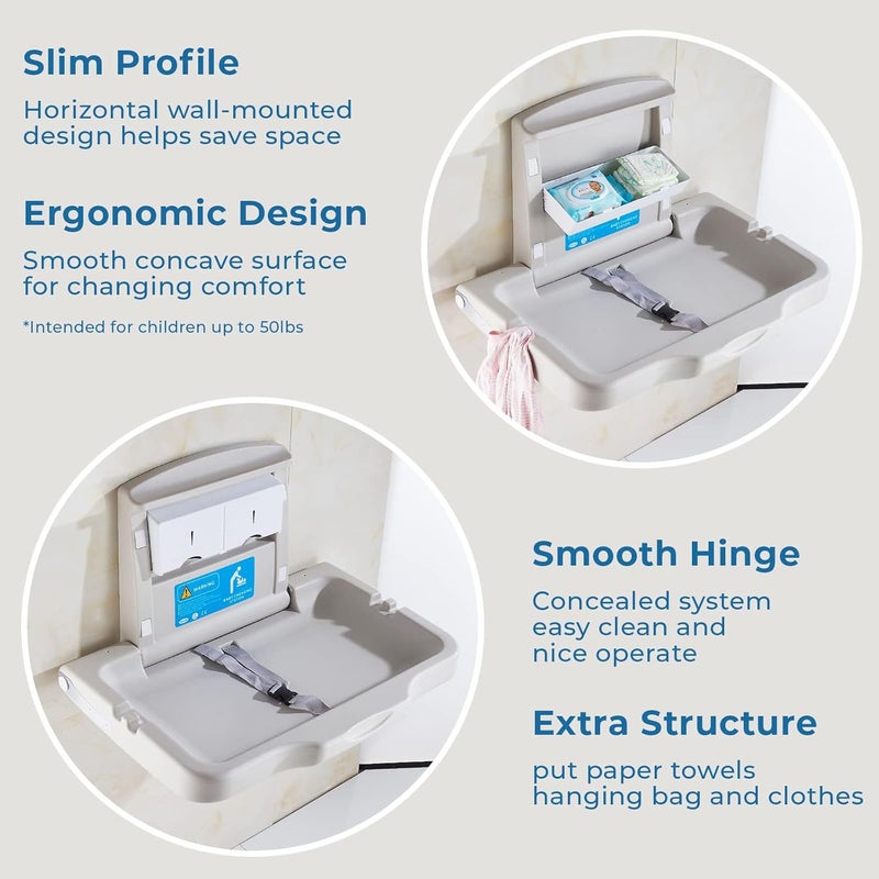 KSITEX Baby Changing Station Wall Mounted Baby Changing Table Foldable Diaper Changing Unit Commercial Restrooms Horizontal HDPE Meterial with Safrty Strap White Gray - Image 2
