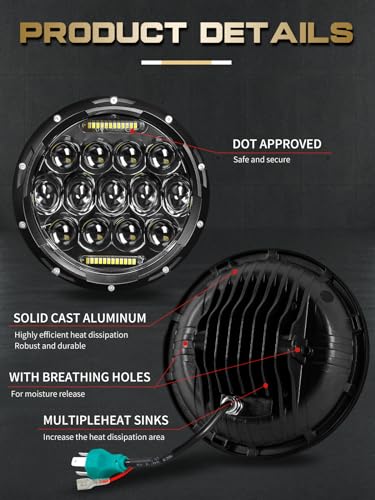 VI9000 7 Inch Led Headlight Round H6024 Led Headlight DOT Approved Hi/Lo Beam DRL Black Headlights Compatible With Jeep Wrangler JK JKU TJ LJ CJ Compatible With Chevy,Ford and Mazda Miata etc - Image 4