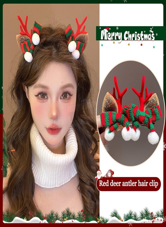 TLISMI Christmas Reindeer Antler Hair Clip for Girls & Women - Cute Holiday Hair Accessory with Soft Glitter Ears, Festive Red & Green Knit Bow, and Pom-Pom Balls for Holiday Parties, School Events - Image 2