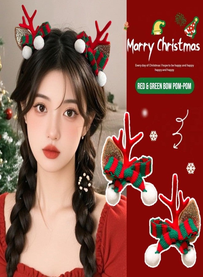 TLISMI Christmas Reindeer Antler Hair Clip for Girls & Women - Cute Holiday Hair Accessory with Soft Glitter Ears, Festive Red & Green Knit Bow, and Pom-Pom Balls for Holiday Parties, School Events - Image 3