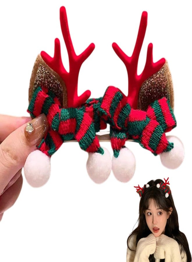 TLISMI Christmas Reindeer Antler Hair Clip for Girls & Women - Cute Holiday Hair Accessory with Soft Glitter Ears, Festive Red & Green Knit Bow, and Pom-Pom Balls for Holiday Parties, School Events - Image 1