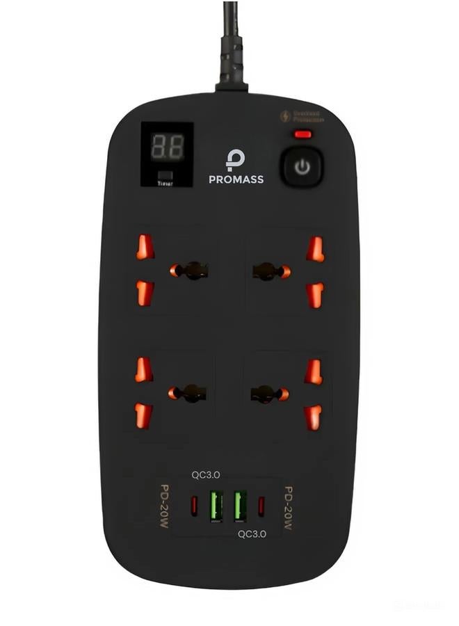 PROMASS 3M Original and high quality Promass 8-in-1 self-timer electrical plug with 4 AC outlets, 2 USB ports, and 2 USB C ports, supports fast charging - black