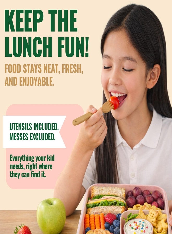 GreenLunch Bento علبة غداء بينتو قابلة للتحلل الحيوي من ويت وير، حاوية تخزين طعام ووجبات خفيفة للأطفال، طقم علبة غداء بينتو من قش القمح للأطفال - وردي - Image 4