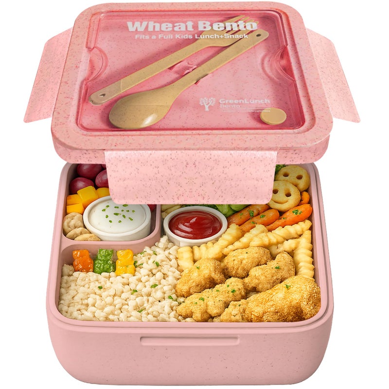 GreenLunch Bento علبة غداء بينتو قابلة للتحلل الحيوي من ويت وير، حاوية تخزين طعام ووجبات خفيفة للأطفال، طقم علبة غداء بينتو من قش القمح للأطفال - وردي - Image 1