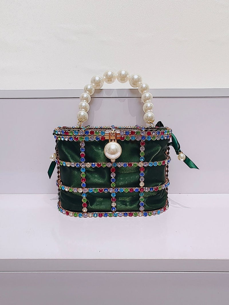 Women'S Gold Handbag With Embellished Pearl Portable Color Crystal Small Size Women'S Portable Banquet Bird Cage Bag - Image 1