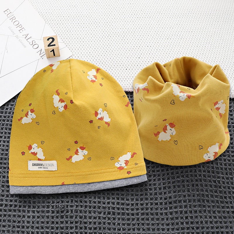Cuhk Children'S Pure Cotton Pile Cap Scarf Two-Piece Suit Double-Layer Warm Contrast Color Pullover Cap Children'S Hat - Image 1