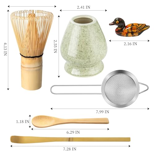 YIBO Matcha Whisk Set, Matcha Making Kit Whisk (Chasen Holder), Ceramic Whisk Holder (Mottled Green), Bamboo Scoop, Powder Starter Sifter, Spoon Japanese Tea Tools For Ceremony Gift - Image 2
