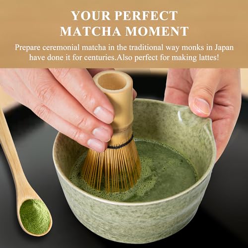 YIBO Matcha Whisk Set, Matcha Making Kit Whisk (Chasen Holder), Ceramic Whisk Holder (Mottled Green), Bamboo Scoop, Powder Starter Sifter, Spoon Japanese Tea Tools For Ceremony Gift - Image 4