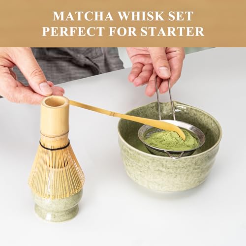 YIBO Matcha Whisk Set, Matcha Making Kit Whisk (Chasen Holder), Ceramic Whisk Holder (Mottled Green), Bamboo Scoop, Powder Starter Sifter, Spoon Japanese Tea Tools For Ceremony Gift - Image 3