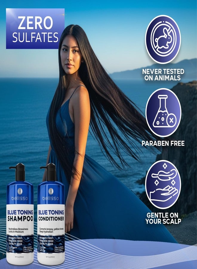 BELLISSO Blue Shampoo and Conditioner Set - Sulfate Free and Paraben Free - Neutralizing Toner to Correct Orange, Brassy Hair Back to Brunette - Professional Formula - For Women and Men - 16 Fl Oz (Set of 2) - Image 3